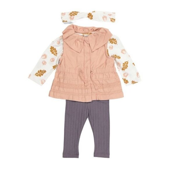 ASPEN & PINE Newborn Girls 3pc Twill Vest & Leggings Set Pink/Ivory | 3-6M - Picture 1 of 3